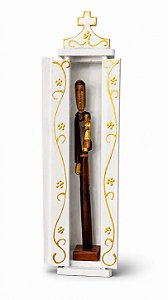 Oratório + Figura Religiosa Esculpida em Madeira de 21cm