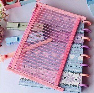 Estojo Telinha Rosa Encaixe Para Caderno de Disco A-5