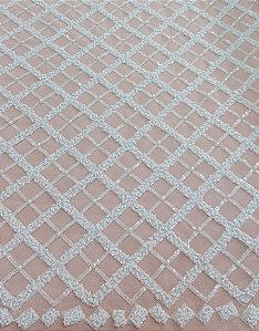 Tecido Renda Tule Bordado Com Pedraria Off White-1,30m de Largura