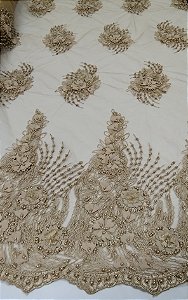 Tecido renda tule bordado com pérola floral  _ 1,30cm larg.