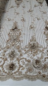 Tecido renda tule bordado com  pérola flores 3D dourado _ 1,30cm larg.