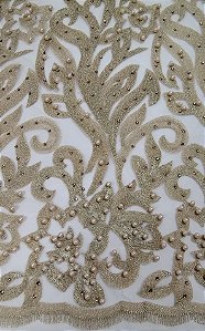 Tule bordado com pérola dourado