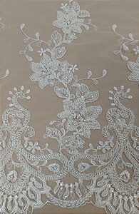 Tecido renda tule  bordado floral com pedraria off white
