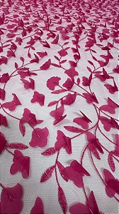 Tule bordado 3D  borboleta pink -1,30 cm -larg.