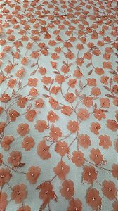 Tule bordado 3D floral coral-1,30 cm -larg.