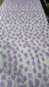 Tule bordado 3D floral lilás-1,30 cm -larg.