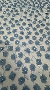 Tule bordado 3D floral azul serenity-1,30 cm -larg.