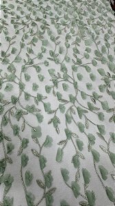 Tule bordado 3D floral verde menta-1,30 cm -larg.