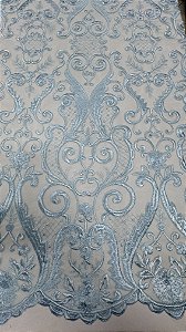 Tule bordado sem pedrarias azul larg:  130 cm