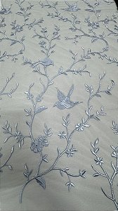 Tule renda bordado barrado com passáros sem pedrarias azul larg:  130 cm