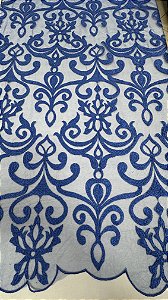 Tule renda bordado com arabescos sem pedrarias azul royal  larg:  130 cm