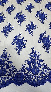 Tule ilusion renda bordado floralsem pedrarias azul royal  larg:  130 cm