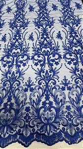 Tule bordado arabescos sem pedrarias azul royal  larg:  130 cm