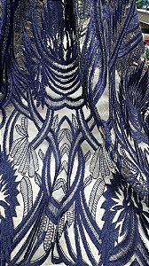 Tule ilusion arabescos Bordado Azul Royal,Largura 130 cm