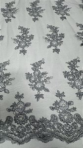 Tule bordado sem pedrarias floral cor prata,Largura 130 cm