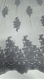 Tule de malha  bordado sem pedrarias floral cor prata,Largura 130 cm