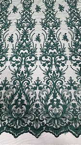 Tule bordado arabescos,cor verde  largura 130 cm composição 100% Poliéster