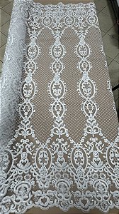 Tule tela bordado arabescos,branco largura 140 cm 100% Poliamida.