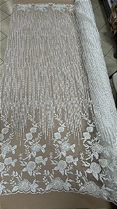 Tule bordado barrado com pedrarias,off white,100% Poliéster largura 130 cm.