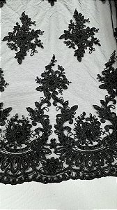 Tule Bordado com Pedrarias,preto largura 130 cm composição 100% Poliéster.