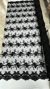 Tule Bordado com Pedrarias,preto largura 130 cm composição 100% Poliéster.