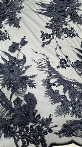 Tule Bordado 3D com pedrarias,azul marinho largura 130 cm composição 100% Poliamida.