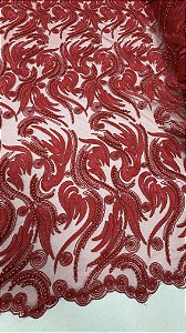 Tule bordado com pérolas,vermelho 130 cm composição 100% Poliamida.