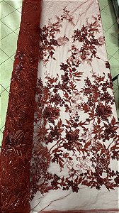 Tule bordado com pedrarias,Marsala 130 cm composição 100% Poliamida.