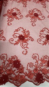 Tule bordado 3d,vermelho 130 cm composição 100% Poliéster.