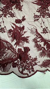 Tule bordado 3d com pedrarias,Marsala 130 cm composição 100% Poliamida.