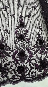 Tule bordado 3d com pedrarias,roxo 130 cm composição 100% Poliamida.