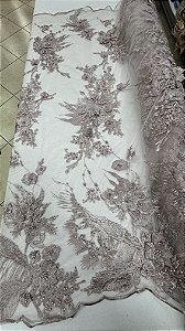 Tule bordado 3d barrado com pedrarias,nude 130 cm composição 100% Poliamida.