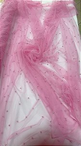 Tule ilusione com pérolas 160 cm de largura rosa