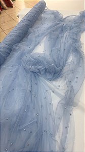 Tule ilusione com pérolas 160 cm de larg. azul claro