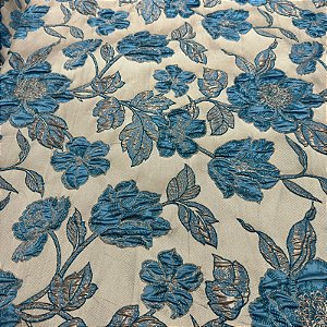 Tecido Jacquard Bordado com Relevo Floral Rose/Azul