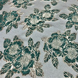 Tecido Jacquard Bordado com Relevo Floral Nude/Verde Esmeralda