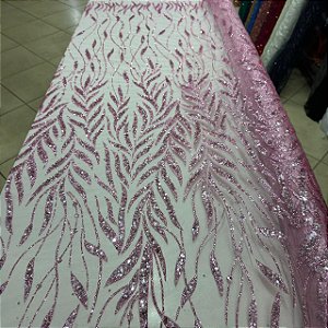 Tule Bordado com Glitter e Paetês Rosa