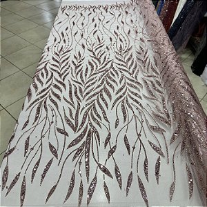 Tule Bordado com Glitter e Paetês Rose