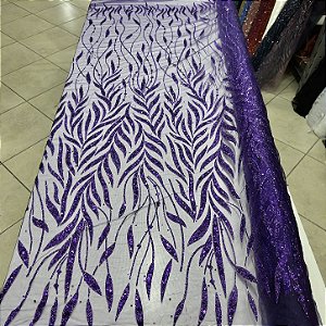 Tule Bordado com Glitter e Paetês Roxo