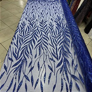 Tule Bordado com Glitter e Paetês Azul Royal