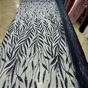 Tule Bordado com Glitter e Paetês Azul Marinho
