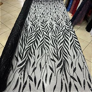 Tule Bordado com Glitter e Paetês Preto