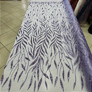 Tule Bordado com Glitter e Paetês Lilás