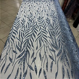 Tule Bordado com Glitter e Paetês Azul claro