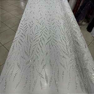 Tule Bordado com Glitter e Paetês Branco
