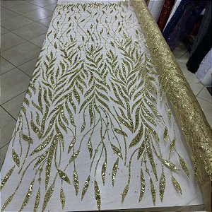 Tule Bordado com Glitter e Paetês Dourado