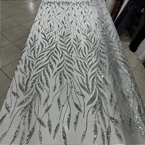 Tule Bordado com Glitter e Paetês Prata