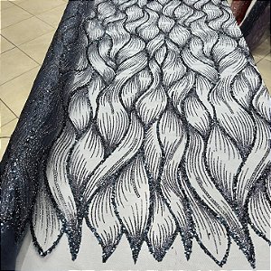 Tule Bordado Diamante Quebrado Azul Marinho