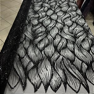 Tule Bordado Diamante Quebrado Preto