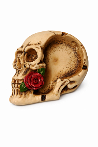 Cinzeiro Decorativo Caveira com Rosa Vermelha – Linha Tattoo & Skull